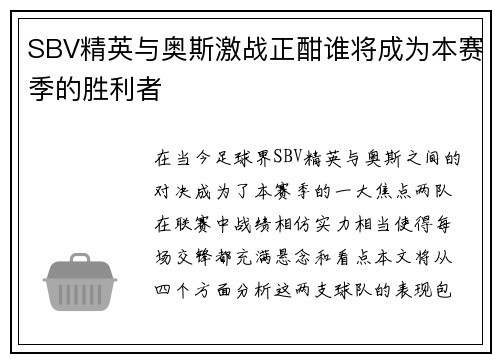 SBV精英与奥斯激战正酣谁将成为本赛季的胜利者