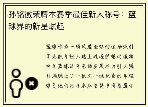 孙铭徽荣膺本赛季最佳新人称号：篮球界的新星崛起
