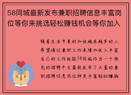 58同城最新发布兼职招聘信息丰富岗位等你来挑选轻松赚钱机会等你加入