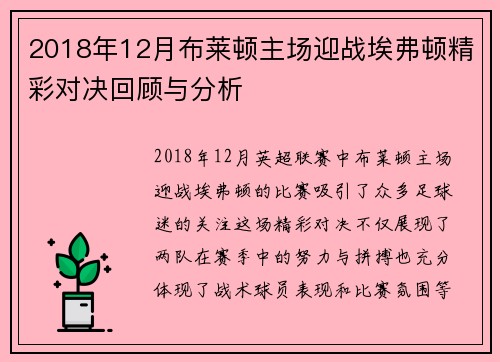 2018年12月布莱顿主场迎战埃弗顿精彩对决回顾与分析