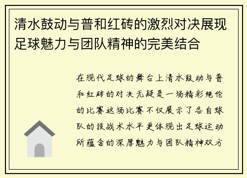 清水鼓动与普和红砖的激烈对决展现足球魅力与团队精神的完美结合