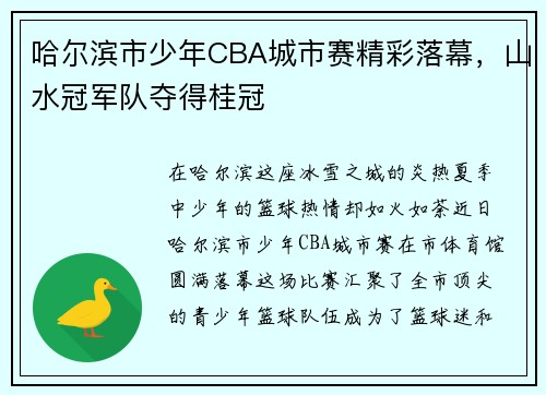 哈尔滨市少年CBA城市赛精彩落幕，山水冠军队夺得桂冠