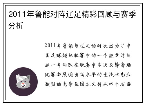 2011年鲁能对阵辽足精彩回顾与赛季分析