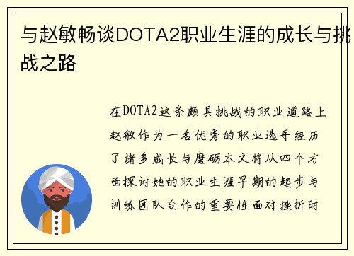 与赵敏畅谈DOTA2职业生涯的成长与挑战之路