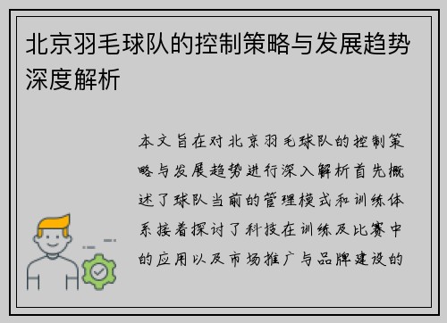 北京羽毛球队的控制策略与发展趋势深度解析
