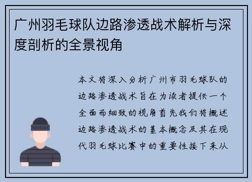 广州羽毛球队边路渗透战术解析与深度剖析的全景视角