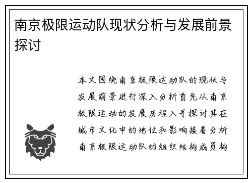 南京极限运动队现状分析与发展前景探讨