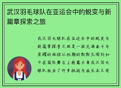 武汉羽毛球队在亚运会中的蜕变与新篇章探索之旅