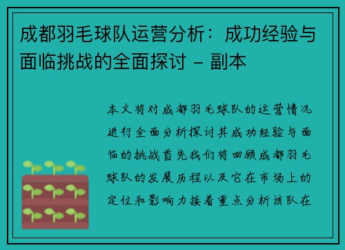 成都羽毛球队运营分析：成功经验与面临挑战的全面探讨 - 副本