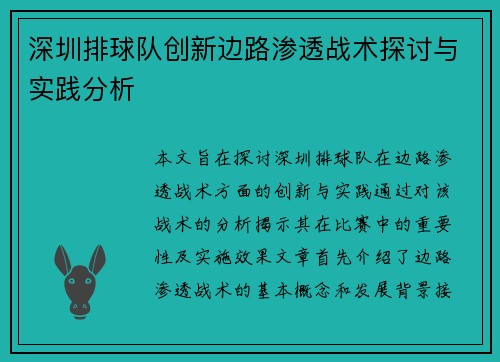 深圳排球队创新边路渗透战术探讨与实践分析
